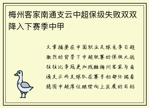 梅州客家南通支云中超保级失败双双降入下赛季中甲