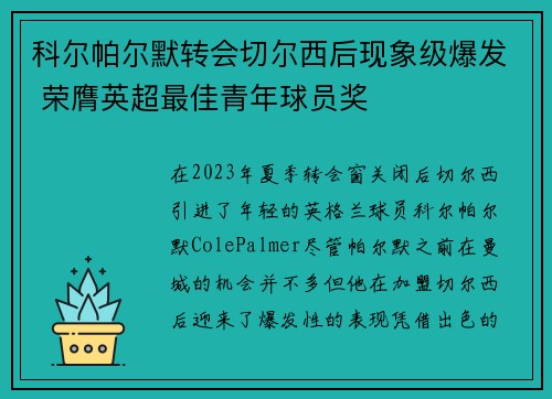 科尔帕尔默转会切尔西后现象级爆发 荣膺英超最佳青年球员奖
